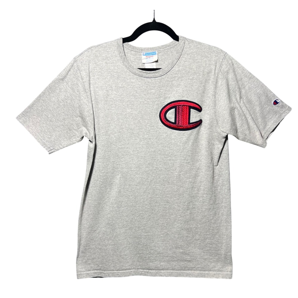 Champion Mens‎ Big C Logo Patch Short Sleeve T-Shirt Gray Heather Medium
